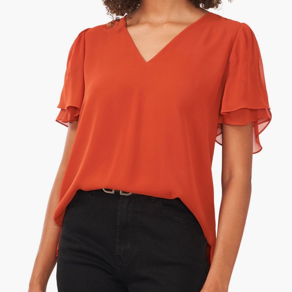 Vince Camuto V-Neck Tulip Sleeve Chiffon Top Rustic Orange Size Small